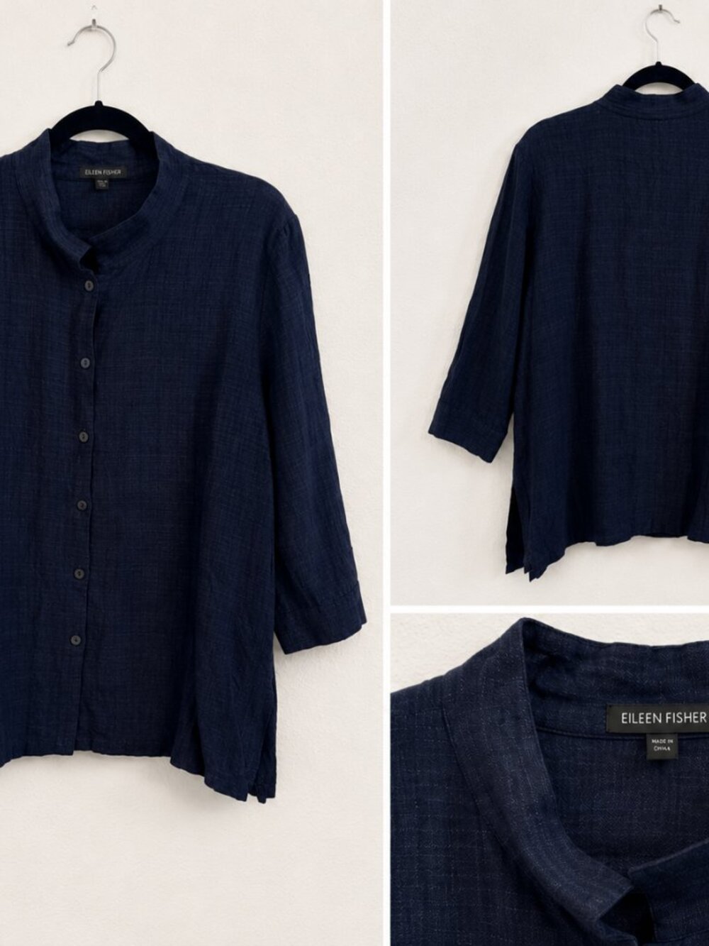 Eileen Fisher Navy Linen Blend Mandarin Collar Shirt | Size Large